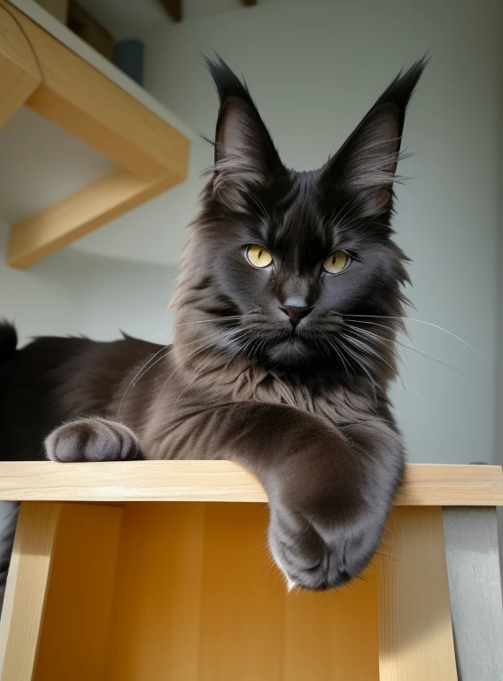 il y a un chat noir posé sur une étagère, chat mainecoon à l'air sérieux, Maine coon, anthropomorphic large Maine coon, regardant droit vers la caméra, Très beau, un beau, photo prise avec Nikon D 7 5 0, photo prise avec un nikon d750, regardant sur le côté, regardant directement la caméra