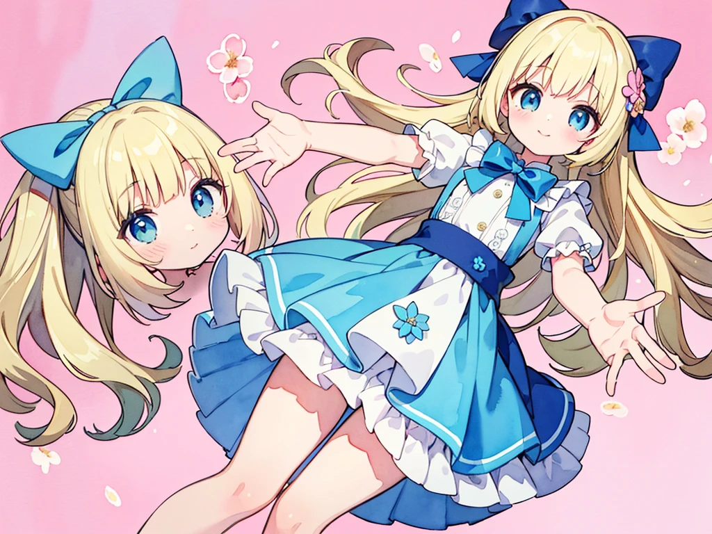 photo realistic, (masterpiece,best quality:1.4),(8k,raw photo,photo realistic:1.2), detailed skin, detailed face,1girl,Japanese idol,cute face, , Not Safe for Work, (overhead view:1.3), 
length hair, blue eyes, blonde hair, light smile, ((shiny wavy hair)), diadems, (((lying on back))), ((outstretched hand)),doress, gothic dresses, shairband, shortsleeves, the bow hair, ((blue shairband)), a smile, red blush, light Blue Doress, Alice (Alice in Wonderland), White frilled legwear, ((Blue the Bow)), Puffy Sleeves, Bangss, Apron Dress, shortsleeves, ((Blue bow ribbon)), absurdly long hair, frilld, white gothic dresses,: q, masterpiece, top-quality, not safe for work, , , 14-yo, braided bangs, mary janes, (FULL Body), (((from below))),(Garter ring that looks like frilly panties), flat chest, 
yumekawa,yumekawaii,pastel color, (((Flower background:1.5))), imagination,light particle effect, aerial effect, Flowers in full bloom, perfect hand's, perfect fingers, (dreamy ambiance:1.4), [:(light gradation watercolor:1.5):8], (soft focus:1.1), (flowers:1.5),