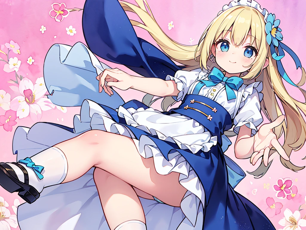 photo realistic, (masterpiece,best quality:1.4),(8k,raw photo,photo realistic:1.2), detailed skin, detailed face,1girl,Japanese idol,cute face, , Not Safe for Work, (overhead view:1.3), 
length hair, blue eyes, blonde hair, light smile, ((shiny wavy hair)), diadems, (((lying on back))), ((outstretched hand)),doress, gothic dresses, shairband, shortsleeves, the bow hair, ((blue shairband)), a smile, red blush, light Blue Doress, Alice (Alice in Wonderland), White frilled legwear, ((Blue the Bow)), Puffy Sleeves, Bangss, Apron Dress, shortsleeves, ((Blue bow ribbon)), absurdly long hair, frilld, white gothic dresses,: q, masterpiece, top-quality, not safe for work, , , 14-yo, braided bangs, mary janes, (FULL Body), (((from below))),(Garter ring that looks like frilly panties), flat chest, 
yumekawa,yumekawaii,pastel color, (((Flower background:1.5))), imagination,light particle effect, aerial effect, Flowers in full bloom, perfect hand's, perfect fingers, (dreamy ambiance:1.4), [:(light gradation watercolor:1.5):8], (soft focus:1.1), (flowers:1.5),