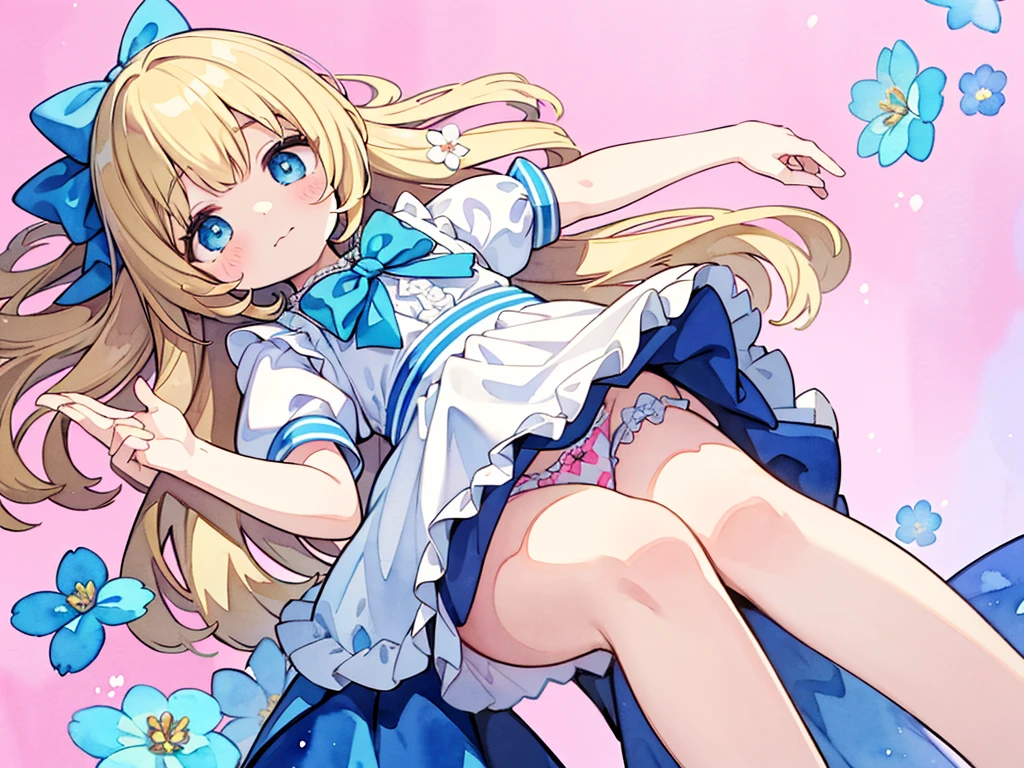 photo realistic, (masterpiece,best quality:1.4),(8k,raw photo,photo realistic:1.2), detailed skin, detailed face,1girl,Japanese idol,cute face, , Not Safe for Work, (overhead view:1.3), 
length hair, blue eyes, blonde hair, light smile, ((shiny wavy hair)), diadems, (((lying on back))), ((outstretched hand)),doress, gothic dresses, shairband, shortsleeves, the bow hair, ((blue shairband)), a smile, red blush, light Blue Doress, Alice (Alice in Wonderland), White frilled legwear, ((Blue the Bow)), Puffy Sleeves, Bangss, Apron Dress, shortsleeves, ((Blue bow ribbon)), absurdly long hair, frilld, white gothic dresses,: q, masterpiece, top-quality, not safe for work, , , 14-yo, braided bangs, mary janes, (FULL Body), (((from below))),(Garter ring that looks like frilly panties), flat chest, 
yumekawa,yumekawaii,pastel color, (((Flower background:1.5))), imagination,light particle effect, aerial effect, Flowers in full bloom, perfect hand's, perfect fingers, (dreamy ambiance:1.4), [:(light gradation watercolor:1.5):8], (soft focus:1.1), (flowers:1.5),