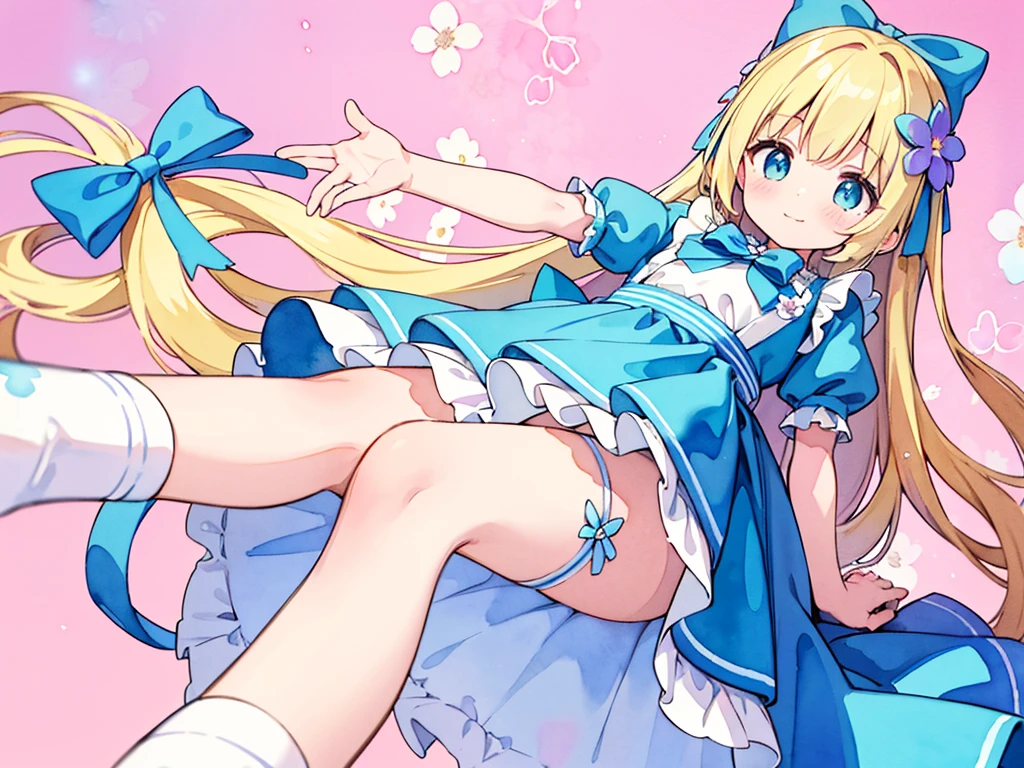 photo realistic, (masterpiece,best quality:1.4),(8k,raw photo,photo realistic:1.2), detailed skin, detailed face,1girl,Japanese idol,cute face, , Not Safe for Work, (overhead view:1.3), 
length hair, blue eyes, blonde hair, light smile, ((shiny wavy hair)), diadems, (((lying on back))), ((outstretched hand)),doress, gothic dresses, shairband, shortsleeves, the bow hair, ((blue shairband)), a smile, red blush, light Blue Doress, Alice (Alice in Wonderland), White frilled legwear, ((Blue the Bow)), Puffy Sleeves, Bangss, Apron Dress, shortsleeves, ((Blue bow ribbon)), absurdly long hair, frilld, white gothic dresses,: q, masterpiece, top-quality, not safe for work, , , -yo, braided bangs, mary janes, (FULL Body), (((from below))),(Garter ring that looks like frilly panties), flat chest, 
yumekawa,yumekawaii,pastel color, (((Flower background:1.5))), imagination,light particle effect, aerial effect, Flowers in full bloom, perfect hand's, perfect fingers, (dreamy ambiance:1.4), [:(light gradation watercolor:1.5):8], (soft focus:1.1), (flowers:1.5),