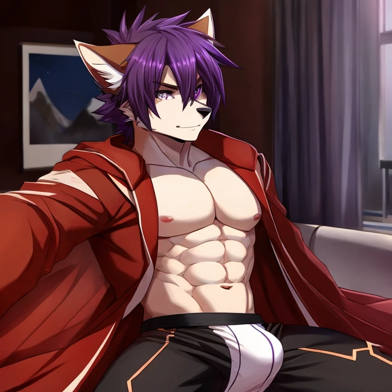 Brown and cream wolf ,Kirito style hair but brown with purple tips, en jocktrap sin camisa y con una marca con forma de punta de lanza de color rojo en el pecho