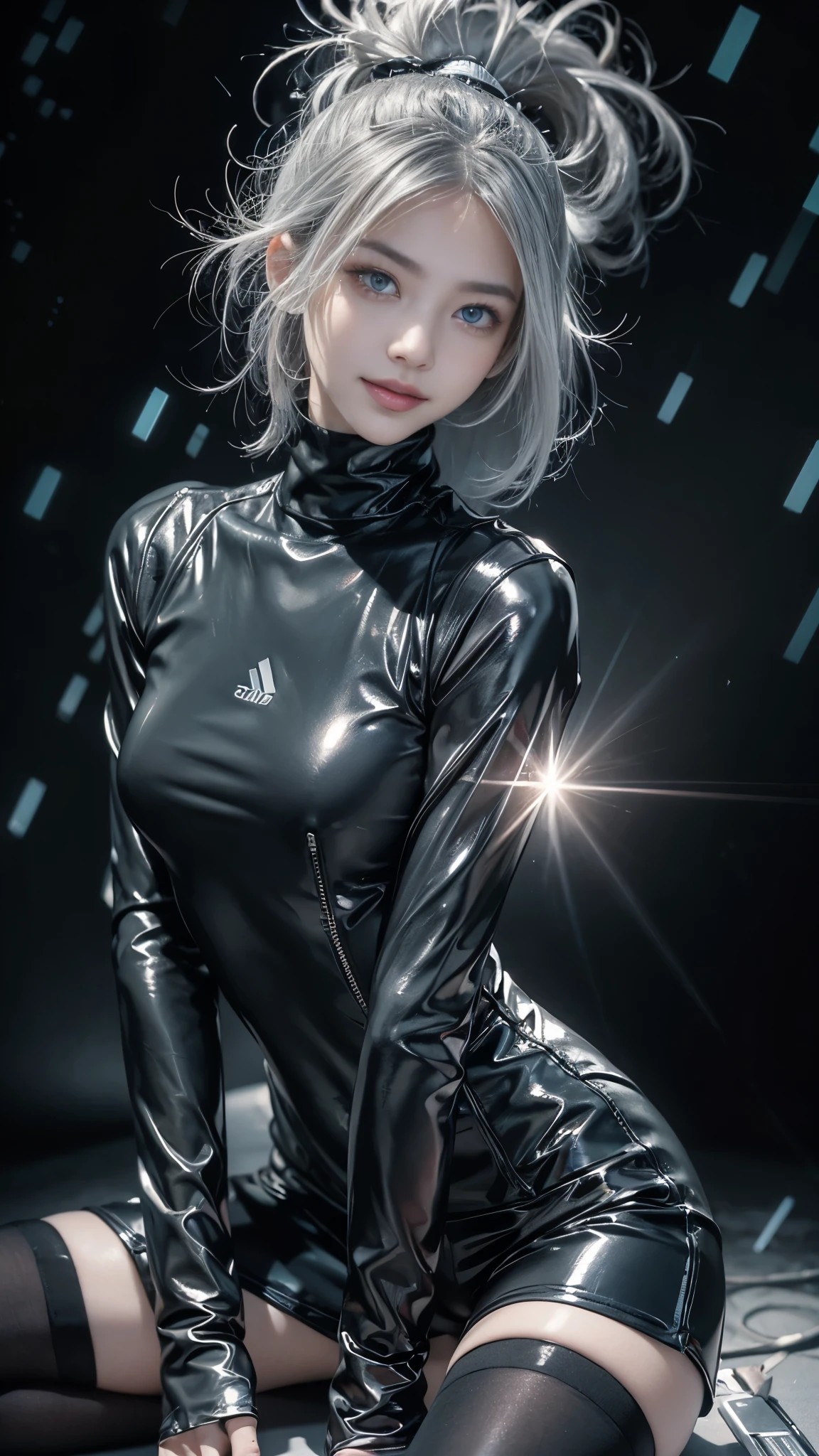 (Realistic:1.2), (fashion portrait:1.6), (brand collection, fashion brand theme:1.6), (detailed, beautiful, masterpiece, best quality:1.2), _ BREAK (1girl:1.2), 22 years old, 160 cm, Japanese cute model, Tightened all body, medium Breasts, small head, small face, diamond Face, small nose, Sharp Faceline, Detailed face, Detailed eyes, young hands and fingers, beautiful hands and fingers, five fingers, _ BREAK (happy, smile, Glossy Lips:1.3), (Light color lips, Half open mouth, beautiful Teeth:1.2), (dropy eyes, Double eyelid, light color eyes, Shiny eyes:1.5), Shiny skin, _ BREAK (arranged hairstyle:1.4), (gray hair, shiny hair, _ BREAK (gray background:1.4), mist, fog , Natural white lightning, _ BREAK (wide angle:1.4), (standing, fashion model pose:1.2), focus face, from below, BREAK (Cyberpunk and wool fusion:1.3), ((wear an oversized black wool turtleneck with rubberized surface) for a luxurious, futuristic, bodysuit, High legs, nylon, and Breaker feel:1.2), (Wear an oversized nylon black outerwear over a bodysuit:1.2), (large sleeves:1.2), (3/4 length:1.2), (simple yet cyberpunk-themed design:1.3), BREAK (black and White theme:1.3), (Low rise short pants with a black subtle reflective pattern:1.2), BREAK (White and black horizontal stripes SOCKS:1.2), (Zettai Ryouiki:1.2),(super Thick sole technical High Sneaker with sleek metal details:1.3), (edgy and versatile:1.2),(Long drooping silver pierce:1.2),