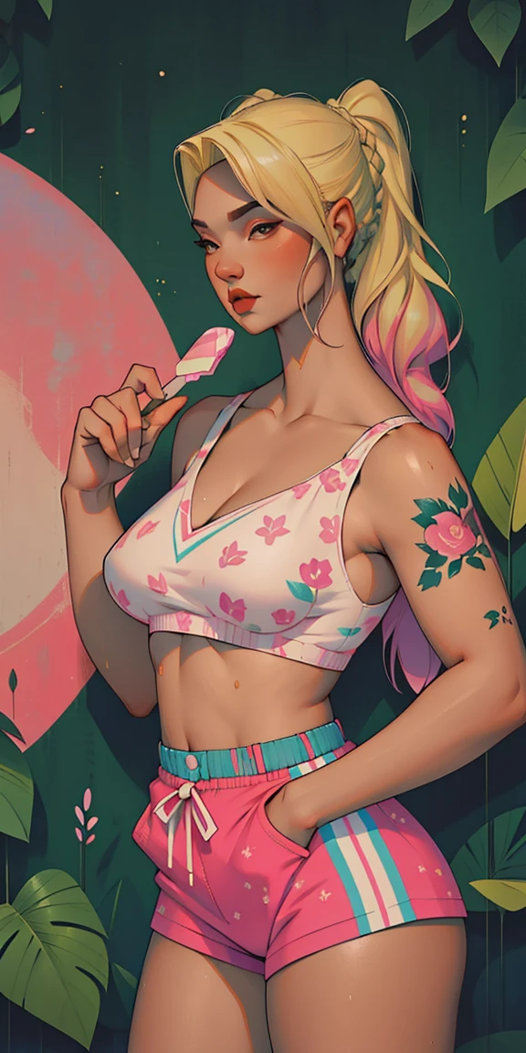 Happy, cozily, mentally, Romantic, Background, In chic boho style, in a café, Ice cream print, multi-colored neon lights, neon garlands, Pink lavender purple mint hair, mixed-language_SMS, Japanese graffiti, (beautiful and clear background:1.2),, fantastic paintings ,graffit style, olhos altamente detalhados , Underwear, lace, latex, Long pigtails, braid, Flora Print, Birds, Plants, sweets, tattoo, Loving, Love, ultra detailed hair, Masterpiece, Best Quality, hig quality, high-resolution, detail enhancement, ((most beautiful image in the world)), Masterpiece, Best Quality, hig quality, high-resolution, detail enhancement, ((most beautiful image ), Shiny platinum blonde degrade hair, ultra short fitted Stampa Flores, Rollers, tights in a mesh, Short fashion shorts, art by stjepan sejic, art by j scott campbell, art by guillem march, art by citemer liu, 4k, high-resolution, comic book character, comic, high quality detailed, style of ::2.0 comix illustration style,tatoon style, hig quality, high-resolution, detail enhancement, 8K, HD, Best Quality, hig quality, high-resolution, detail enhancement, 8K, HDR, Sharp focus, Ultra Detailed, Perfect lighting, Curvy Body, Lush breasts, Curvy hips