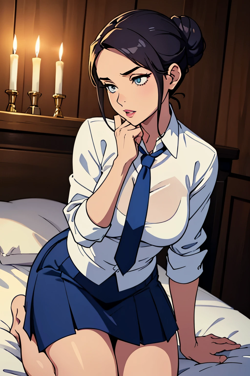 Sexy woman, seductive gaze, parted lips, white shirt, blue tie and skirt, kneeling down on bed, tying her hair in a bun, night time, candles lit