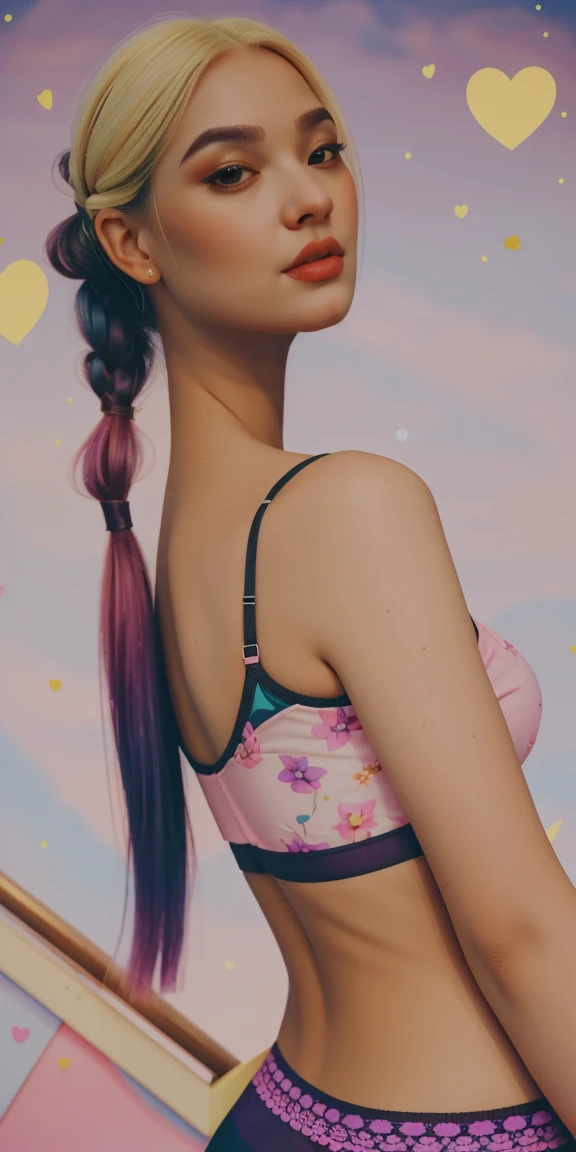 Happy, cozily, mentally, Romantic, Background, In chic boho style, in a café, Ice cream print, multi-colored neon lights, neon garlands, Pink lavender purple mint hair, mixed-language_SMS, Japanese graffiti, (beautiful and clear background:1.2),, fantastic paintings ,graffit style, olhos altamente detalhados , Underwear, lace, latex, Long pigtails, braid, Flora Print, Birds, Plants, sweets, tattoo, Loving, Love, ultra detailed hair, Masterpiece, Best Quality, hig quality, high-resolution, detail enhancement, ((most beautiful image in the world)), Masterpiece, Best Quality, hig quality, high-resolution, detail enhancement, ((most beautiful image ), Shiny platinum blonde degrade hair, ultra short fitted Stampa Flores, Rollers, tights in a mesh, Short fashion shorts, art by stjepan sejic, art by j scott campbell, art by guillem march, art by citemer liu, 4k, high-resolution, comic book character, comic, high quality detailed, style of ::2.0 comix illustration style,tatoon style, hig quality, high-resolution, detail enhancement, 8K, HD, Best Quality, hig quality, high-resolution, detail enhancement, 8K, HDR, Sharp focus, Ultra Detailed, Perfect lighting, Curvy Body, Lush breasts, Curvy hips