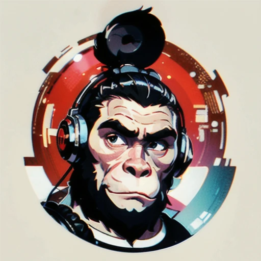 (best quality,highres),round vinyl album sticker,ape with a boring face,monkey,big round ears,mohawk hairstyle,((Dj headphones are floating below the face)),transparent background,colorful,eye-catching,vibrant,vintage style,cartoonish,retro vibes