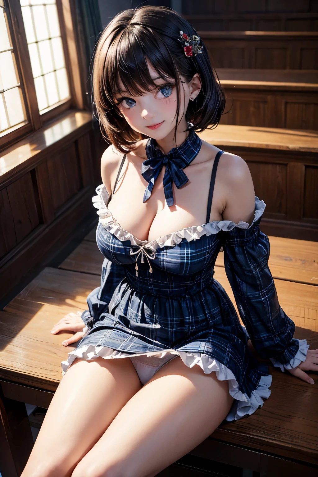 very cute and beautiful girl,(highly detailed beautiful face and eyes:1.2), (smile:1.2),blush,black hair,looking at viewer,(classic blue plaid lolita dress with detailed frills),detailed lace, sitting,spread legs,arms behind back,(white panties), altar,church,indoors, (best quality,masterpiece:1.2),absurdres,highres,ultra-detailed,extremely detailed,32k,8k resolution, intricate details,cinematic scene,detailed background,solo,dynamic angle,