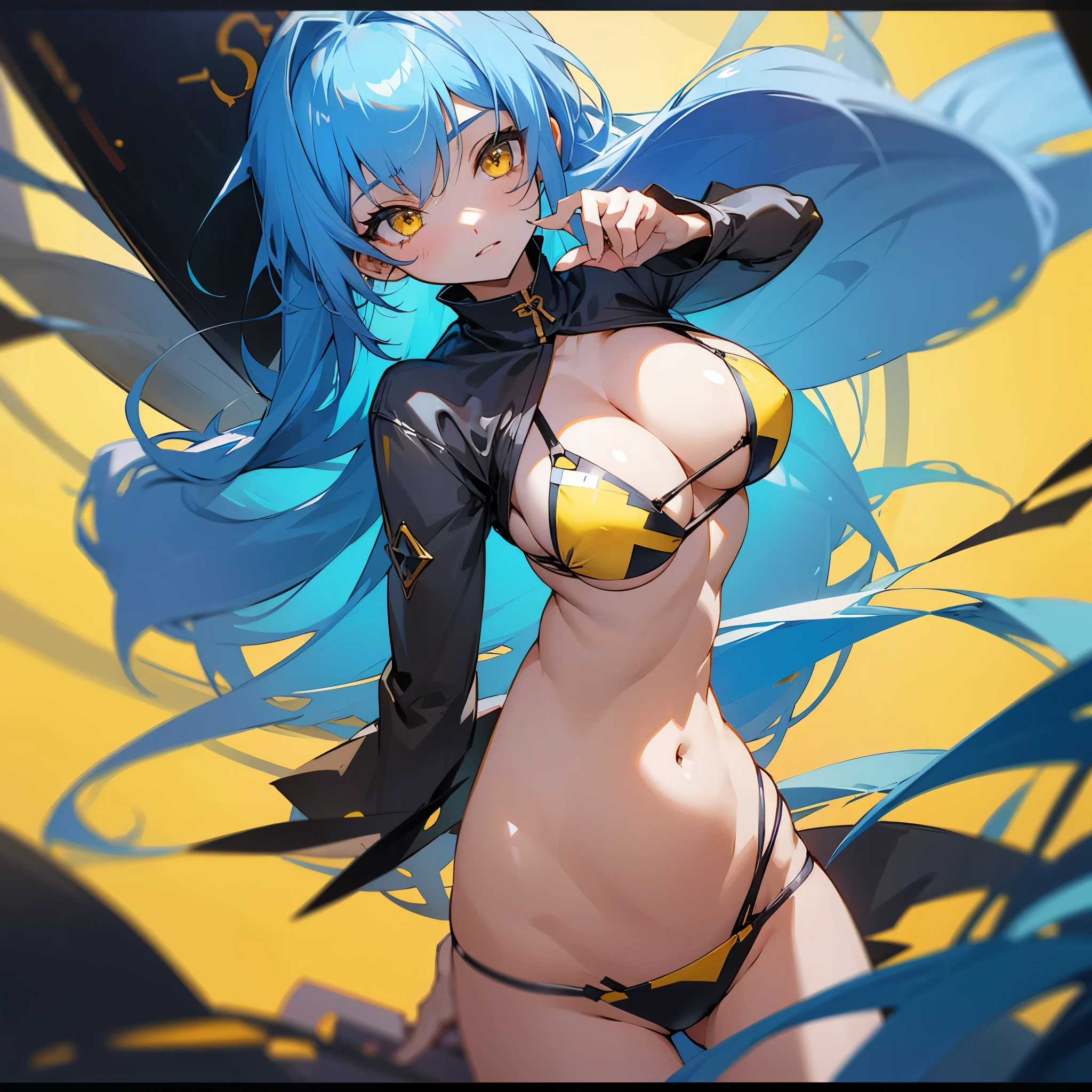 Anime, blue hair girl, yellow eyes, big chest, cute, beautiful, bikini