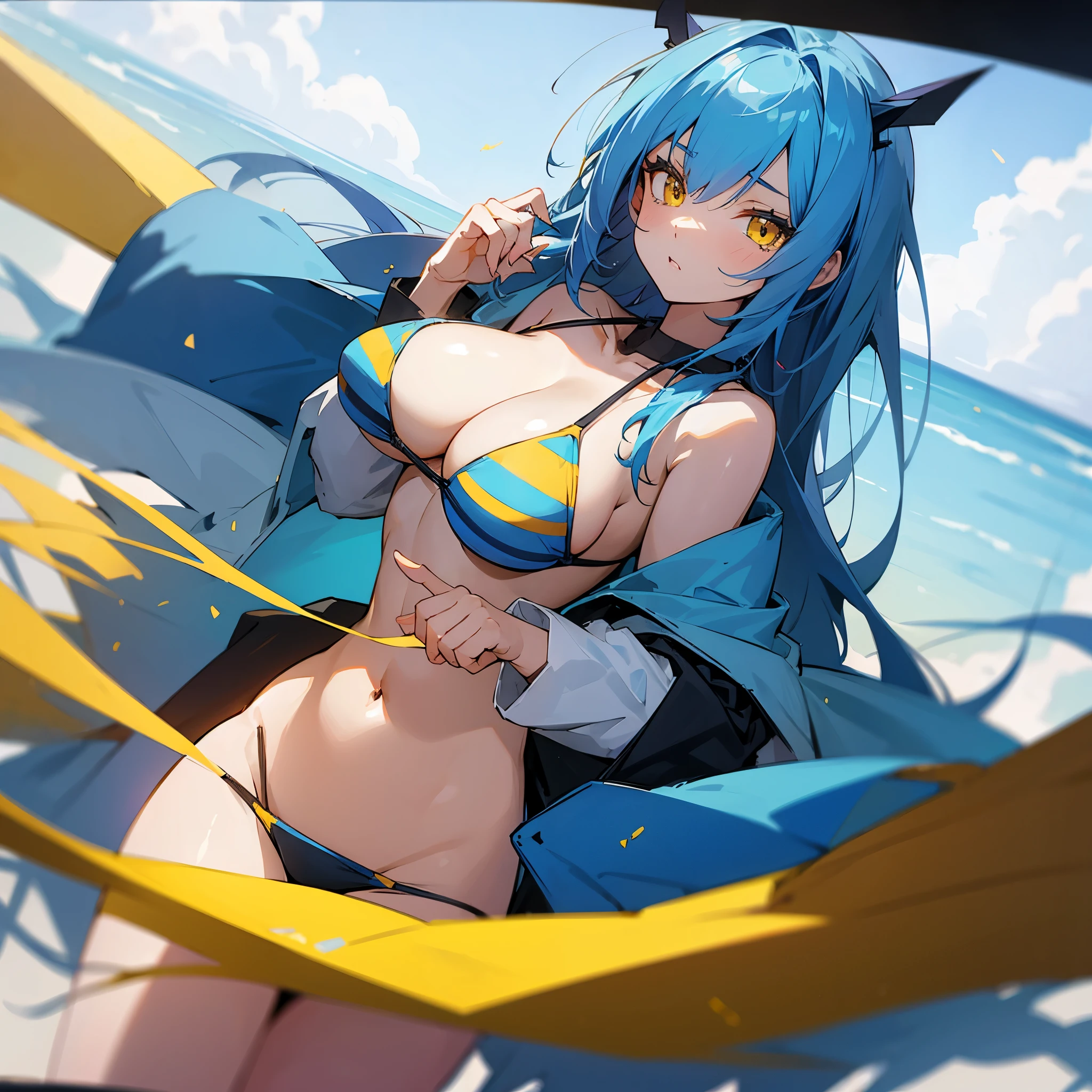 Anime, blue hair girl, yellow eyes, big chest, cute, beautiful, bikini