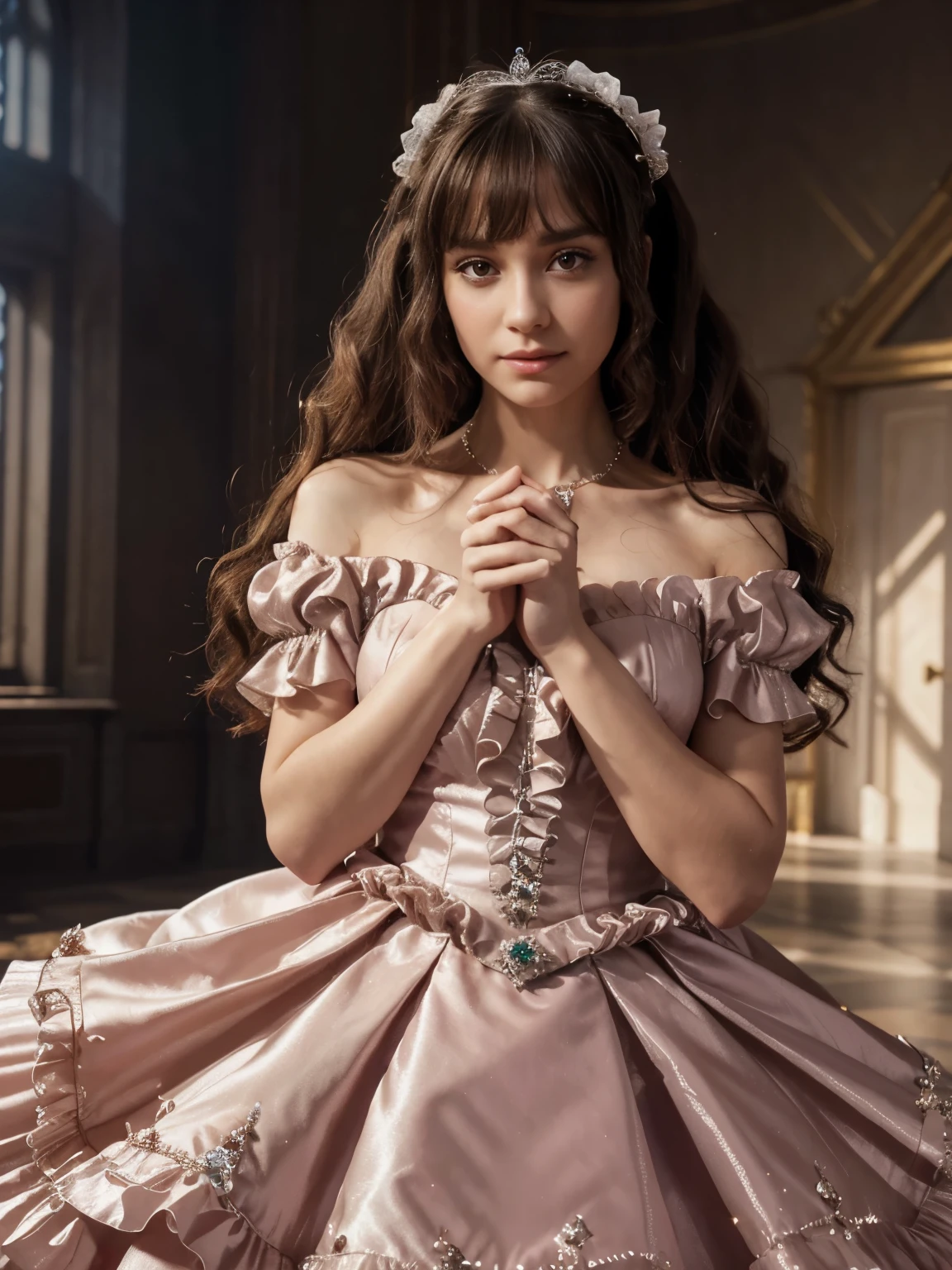 Dramatic composition, court-style dresses, royal, gorgeous, cascading frills, ruffles, bows, crystal chandeliers, Roman curly hairstyles, ponet, double ponytails like drills, look at the camera, bangs, maximalism, palatial background, delicate portrayal of hair and eyes, princess dresses, gorgeous skirts, flowers in hand, smiles, starry eyes, cinematic light, extreme detail, high definition, happy girl, very long hair, diamonds, broken diamonds, crystal fragments, light particles