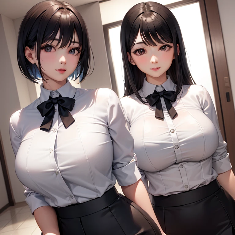 (1lady solo), sitting, (looking at viewers), (sleeveless white lab coat) stylish outfit, mature female, /(dark brown hair/) bangs, kind smile, (masterpiece best quality:1.2) delicate illustration ultra-detailed, sagging gigantic huge breasts BREAK (hospital examination room) indoors, work desk, (x-ray photo), detailed background, ((showing hairy armpit hair)), zoom upper body, thick makeup 