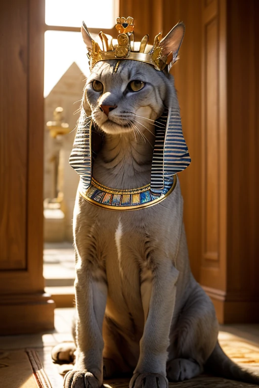 realistic image; Animale chat sphynx; with an ancient Egyptian crown; Dans un temple pharaon; natural light;
