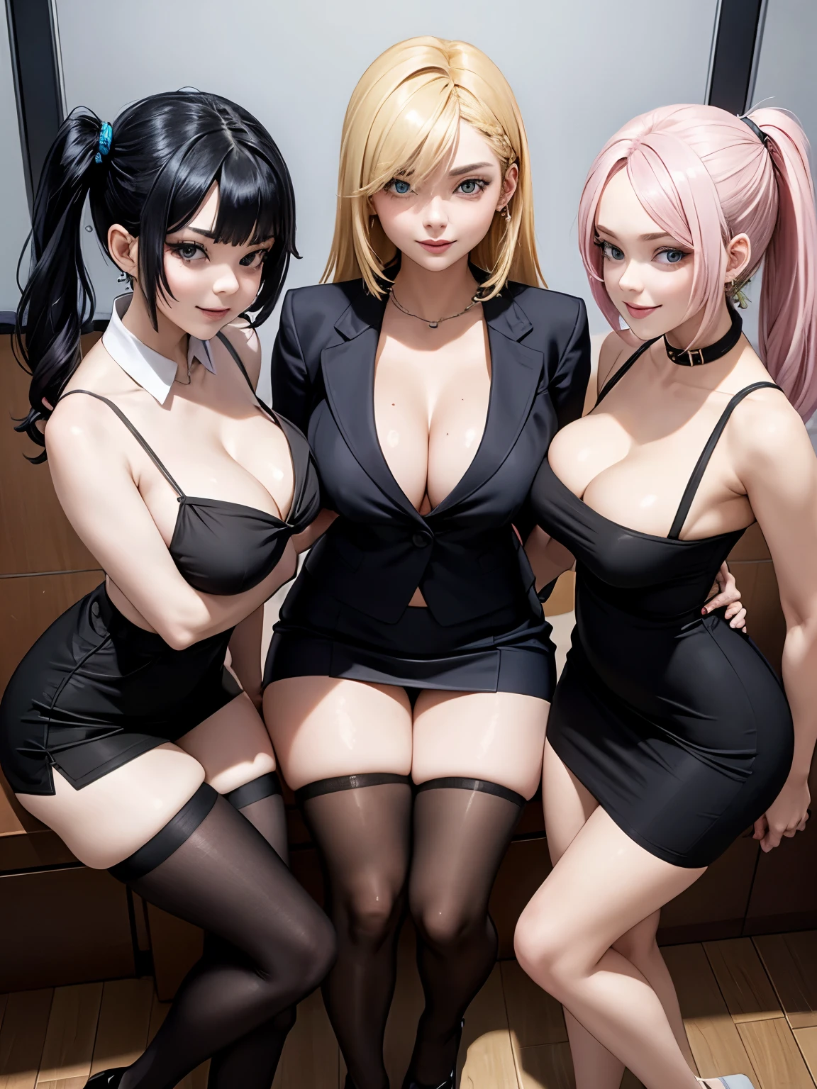 3 beauty students, 18yo, multiple hairstyles, 1 blonde, 1 pink hair, 1 black hair, secretary clothes, cleavage, big ass, at office