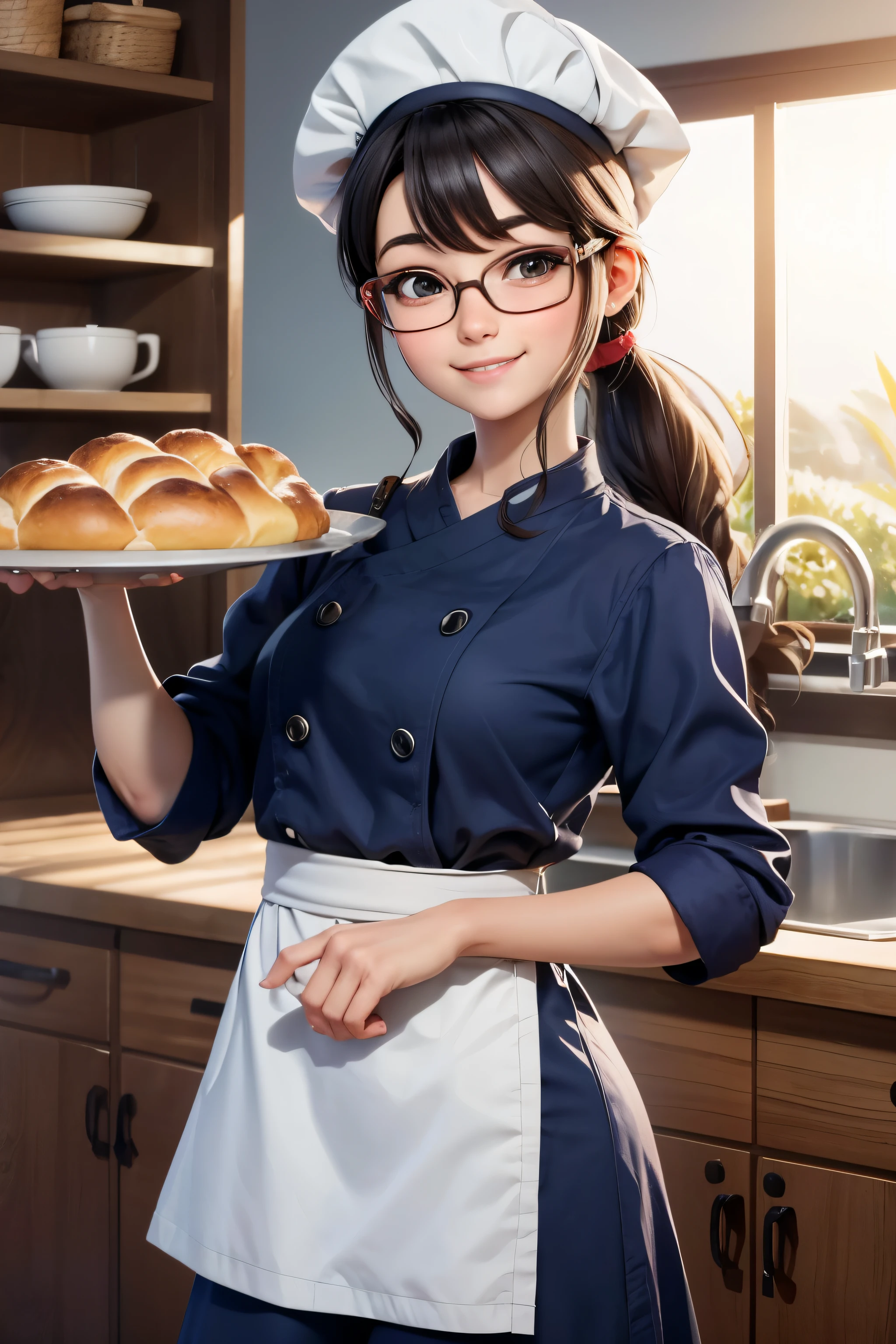 young girl, Ponytail, facial hair, wear glasses, smile brightly, Bread of happiness, Put the bread pan in the oven.., Various types of bread on trays, Fragrant and delicious, (Enter the cute chef&#39;s kitchen..  (Enter the chef.&#39;hat)), in the kitchen, anime, High quality