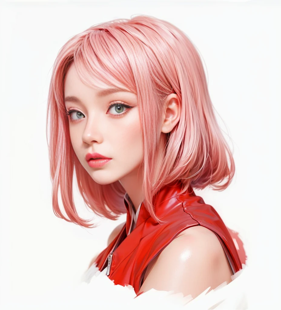 Young woman, porcelain skin, short pale pink hair, heart-shaped face, wide forehead, thin pink eyebrows, big jade green eyes, long eyelashes, buttoned nose, peach lips, red vest, Sakura Haruno, 3d, realistic, realism, high focus, details