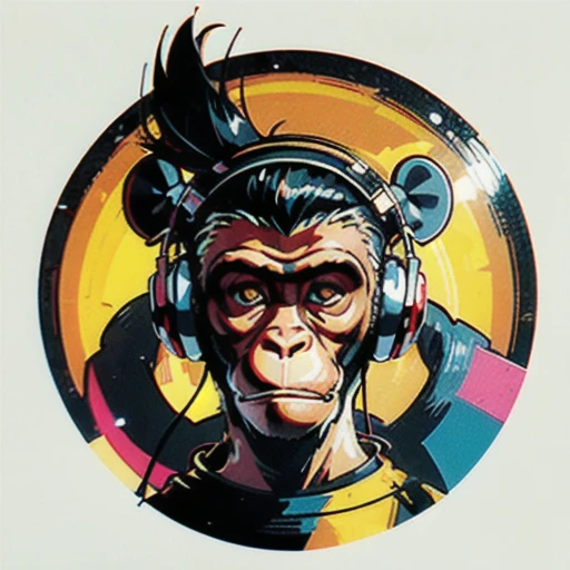 (best quality,highres),round vinyl album sticker,ape with a boring face,((monkey)),big round ears,mohawk hairstyle,((Dj headphones are floating below the face)),transparent background,colorful,eye-catching,vibrant,vintage style,cartoonish,retro vibes