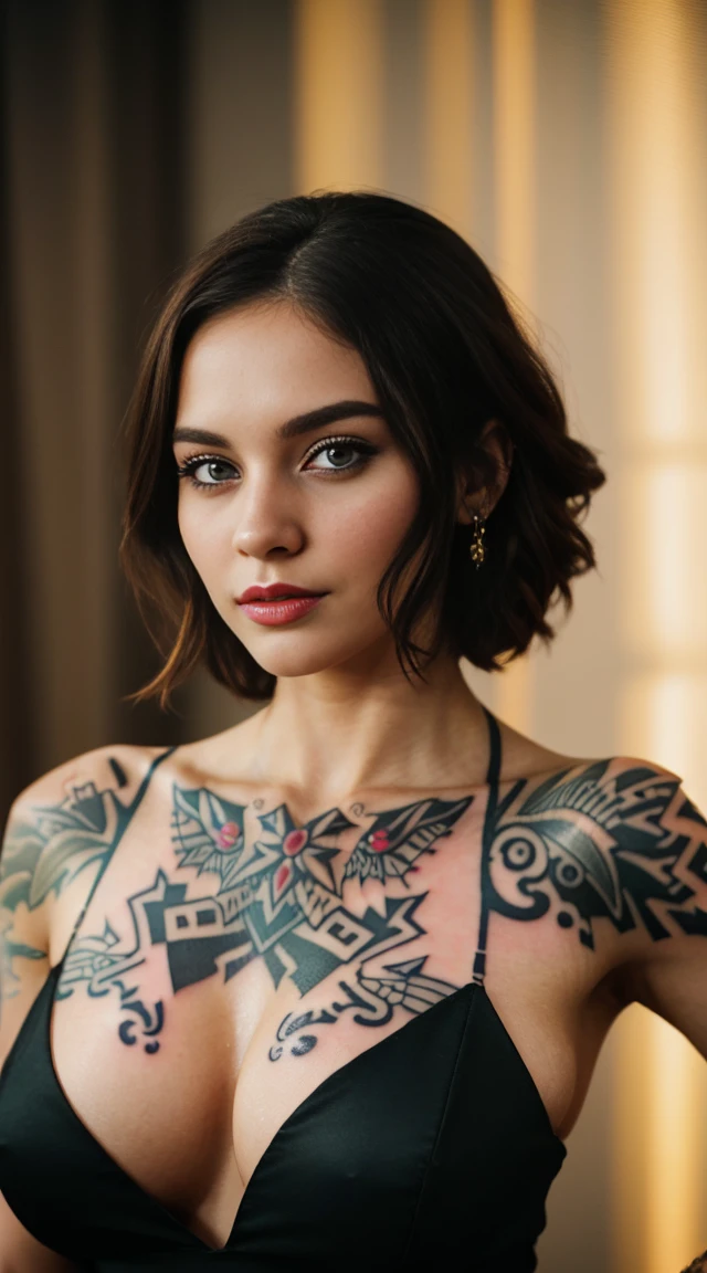 27 years old, gorgeous cute Russian girl, smirk, freckles, 1girl, cowboy shot of beautiful ada, looking at viewer, red dress, black hair, blush, short hair, athletic night, volumetric lighting, White batik dress with black layers , best quality, masterpiece, intricate details, tonemapping, sharp focus, hyper detailed, trending on Artstation, ada, realistic armpits sweaty and hairy a lot, good young girl, (masterpiece:1.0),(best_quality:1.0), ultra high res,4K,ultra-detailed, photography, 8K, HDR, highres, absurdres:1.2, Kodak portra 400, blurry background, bokeh, lens flare, (vibrant_color:1.2),professional photograph,(the_tattoo:1.5),(Beautiful,large_Breasts), (beautiful_face:1.5),(narrow_waist).