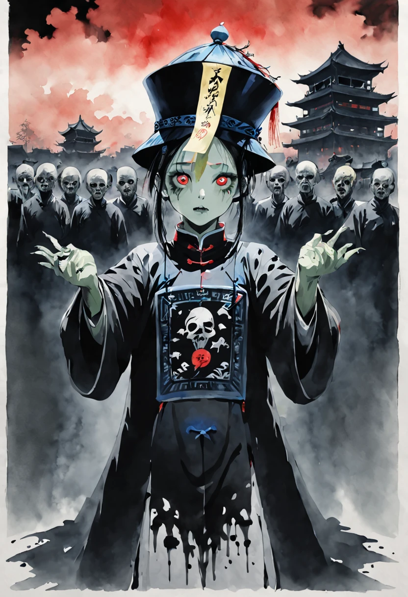 A tall black terrifying Qing Dynasty zombie man wears zombie_hat and huangfu paper on the forehead in the middle of the face , its both hands is up without loincloth and with the black Official uniform of a mandarin from Qing dynasty which jiangshi are usually portrayed wearing,deathly terrifying eyes, symmetric design, chilling gaze, horror theme, symmetrically aligned eyes (stills:1.5), (poster:1.5), (Ink painting and watercolor:1.5),(actual),((masterpiece), (best quality), super high resolution, Excellent details, dramatic lighting, high resolution, 8k, ridiculous,Chinese building, Chinese tower, obsolete , (Chinese_clear_zombie:1.5),The color palette is dark and ominous, Create an atmosphere of fear. The overall composition reflects the ink elements of Asian horror posters and traditional Chinese aesthetics , (Delete Exclude without no Japanese and no Korean styles).
