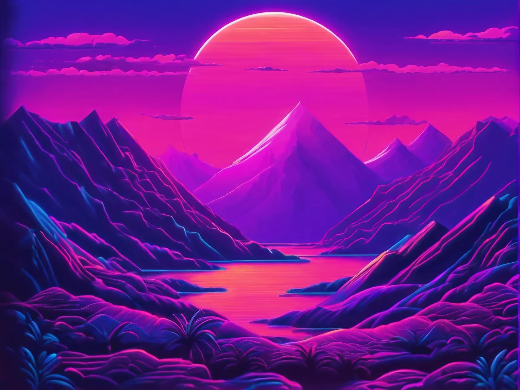 a close up of a purple and blue sunset over a mountain range, vaporwave lighting style, vaporwave wallpaper environment, neon synth wave, vaporwave sunrise background, neon landscape, retrowave vibes, retro-wave vibes, retro pink synthwave style, synthwave background, synthwave aesthetic, [ 4 k synthwave art style ]!!