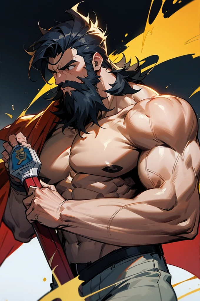masterpiece,top-quality,Shirtless big man and horse,Fat Man,brown haired,Yellow eyes,mustache,Body hair is thick,well-muscled,Upper body naked,Wrapping a cloth around the body,Angry look,Equipped with a large bow with decoration on the back,Muscle Pose,full body seen,Angle from below,myth,cosmic space,The stars shine,Sagittarius is shining,Fragments of green light scattered in the air