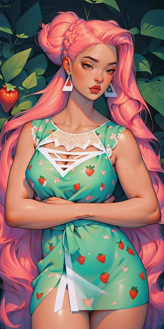 Happy, cozily, mentally, Romantic, Background, in chic white, pink, yellow, blue, Crimson, strawberry lavender purple mint hair, mixed-language_SMS, (beautiful and clear background:1.2),, fantastic paintings ,graffit style, olhos altamente detalhados , Underwear, lace, latex, Long pigtails, braid, Long Hair, cool hairstyle, Flora Print, Birds, Plants, sweets, tattoo, Loving, Love, ultra detailed hair, Masterpiece, Best Quality, hig quality, high-resolution, detail enhancement, ((most beautiful image in the world)), Masterpiece, Best Quality, hig quality, high-resolution, detail enhancement, ((most beautiful image ), Shiny degraded hair, ultra short strawberry print dress Stampa Flores,  tights in a mesh, ornaments, bangles, Rings, pearcing, Simple Ring Earrings, cool hairstyle,  art by stjepan sejic, art by j scott campbell, art by guillem march, art by citemer liu, 4k, high-resolution, comic book character, comic, high quality detailed,   style of ::2.0 comix illustration style,tatoon style, hig quality, high-resolution, detail enhancement, 8K, HD, Best Quality, hig quality, high-resolution, detail enhancement, 8K, HDR, Sharp focus, Ultra Detailed, Perfect lighting, Curvy Body, Lush breasts, Curvy hips