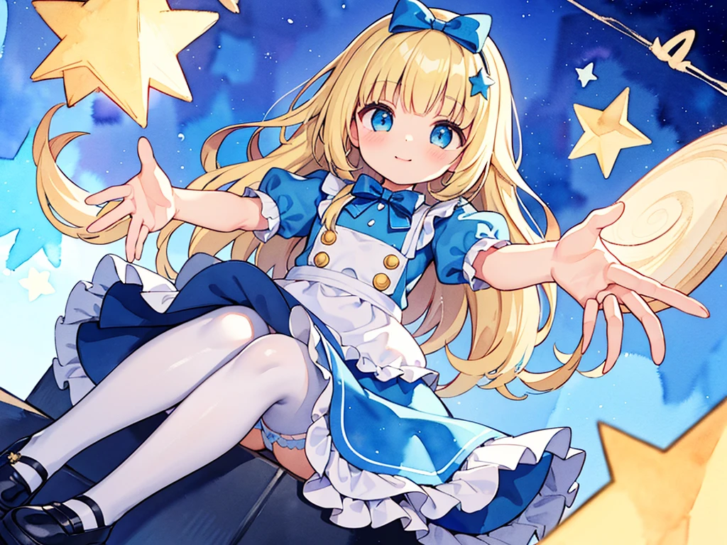 photo realistic, (masterpiece,best quality:1.4),(8k,raw photo,photo realistic:1.2), detailed skin, detailed face,1girl,Japanese idol,cute face, , Not Safe for Work, (overhead view:1.3), 
length hair, blue eyes, blonde hair, light smile, ((shiny wavy hair)), diadems, (((sit on a crescent moon model))), ((outstretched hand)),doress, gothic dresses, shairband, shortsleeves, the bow hair, ((blue shairband)), a smile, red blush, light Blue Doress, Alice (Alice in Wonderland), White frilled legwear, ((Blue the Bow)), Puffy Sleeves, Bangss, Apron Dress, shortsleeves, ((Blue bow ribbon)), absurdly long hair, frilld, white gothic dresses,: q, masterpiece, top-quality, not safe for work, , , 14-yo, braided bangs, mary janes, (FULL Body), (((from below))),(Garter ring that looks like frilly panties), flat chest, 
yumekawa,yumekawaii,pastel color, (((star background:1.5))), imagination,light particle effect, aerial effect, perfect hand's, perfect fingers, (dreamy ambiance:1.4), [:(light gradation watercolor:1.5):8], (soft focus:1.1), (stars:1.5),
