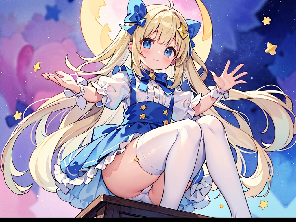 photo realistic, (masterpiece,best quality:1.4),(8k,raw photo,photo realistic:1.2), detailed skin, detailed face,1girl,Japanese idol,cute face, , Not Safe for Work, (overhead view:1.3), 
length hair, blue eyes, blonde hair, light smile, ((shiny wavy hair)), diadems, (((sit on a crescent moon model))), ((outstretched hand)),doress, gothic dresses, shairband, shortsleeves, the bow hair, ((blue shairband)), a smile, red blush, light Blue Doress, Alice (Alice in Wonderland), White frilled legwear, ((Blue the Bow)), Puffy Sleeves, Bangss, Apron Dress, shortsleeves, ((Blue bow ribbon)), absurdly long hair, frilld, white gothic dresses,: q, masterpiece, top-quality, not safe for work, , , -yo, braided bangs, mary janes, (FULL Body), (((from below))),(Garter ring that looks like frilly panties), flat chest, 
yumekawa,yumekawaii,pastel color, (((star background:1.5))), imagination,light particle effect, aerial effect, perfect hand's, perfect fingers, (dreamy ambiance:1.4), [:(light gradation watercolor:1.5):8], (soft focus:1.1), (stars:1.5),