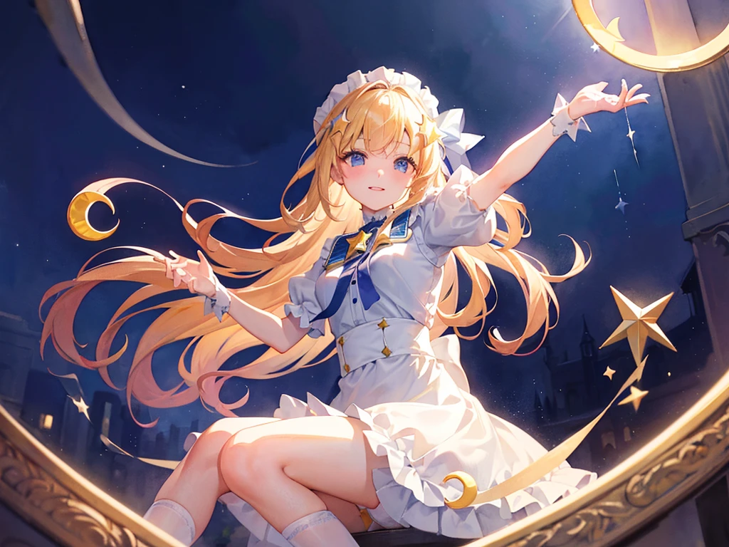 photo realistic, (masterpiece,best quality:1.4),(8k,raw photo,photo realistic:1.2), detailed skin, detailed face,1girl,Japanese idol,cute face, , Not Safe for Work, (overhead view:1.3), 
length hair, blue eyes, blonde hair, light smile, ((shiny wavy hair)), diadems, (((sit on a crescent moon model))), ((outstretched hand)),doress, gothic dresses, shairband, shortsleeves, the bow hair, ((blue shairband)), a smile, red blush, light Blue Doress, Alice (Alice in Wonderland), White frilled legwear, ((Blue the Bow)), Puffy Sleeves, Bangss, Apron Dress, shortsleeves, ((Blue bow ribbon)), absurdly long hair, frilld, white gothic dresses,: q, masterpiece, top-quality, not safe for work, , , -yo, braided bangs, mary janes, (FULL Body), (((from below))),(Garter ring that looks like frilly panties), flat chest, 
yumekawa,yumekawaii,pastel color, (((star background:1.5))), imagination,light particle effect, aerial effect, perfect hand's, perfect fingers, (dreamy ambiance:1.4), [:(light gradation watercolor:1.5):8], (soft focus:1.1), (stars:1.5),