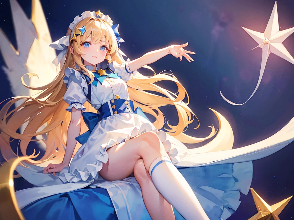 photo realistic, (masterpiece,best quality:1.4),(8k,raw photo,photo realistic:1.2), detailed skin, detailed face,1girl,Japanese idol,cute face, , Not Safe for Work, (overhead view:1.3), 
length hair, blue eyes, blonde hair, light smile, ((shiny wavy hair)), diadems, (((sit on a crescent moon model))), ((outstretched hand)),doress, gothic dresses, shairband, shortsleeves, the bow hair, ((blue shairband)), a smile, red blush, light Blue Doress, Alice (Alice in Wonderland), White frilled legwear, ((Blue the Bow)), Puffy Sleeves, Bangss, Apron Dress, shortsleeves, ((Blue bow ribbon)), absurdly long hair, frilld, white gothic dresses,: q, masterpiece, top-quality, not safe for work, , , -yo, braided bangs, mary janes, (FULL Body), (((from below))),(Garter ring that looks like frilly panties), flat chest, 
yumekawa,yumekawaii,pastel color, (((star background:1.5))), imagination,light particle effect, aerial effect, perfect hand's, perfect fingers, (dreamy ambiance:1.4), [:(light gradation watercolor:1.5):8], (soft focus:1.1), (stars:1.5),