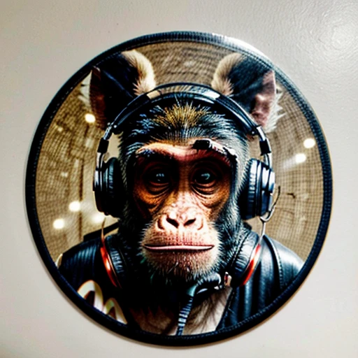 (best quality,highres),round vinyl album sticker,ape with a boring face,((monkey)),big round ears,mohawk hairstyle,((Dj headphones are floating below the face)),transparent background,colorful,eye-catching,vibrant,vintage style,cartoonish,retro vibes