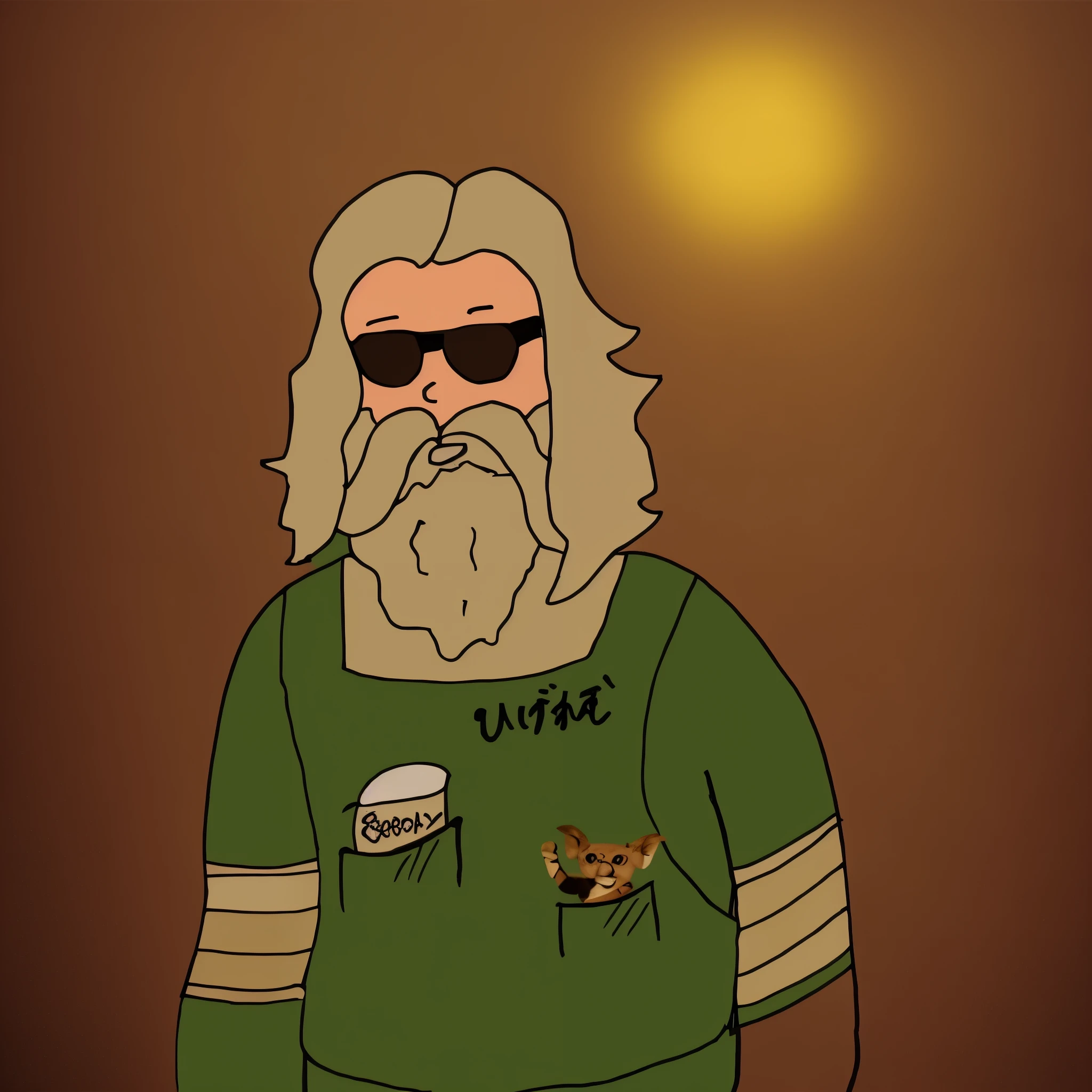 Cartoon of a man with a beard and sunglasses, live-action poku