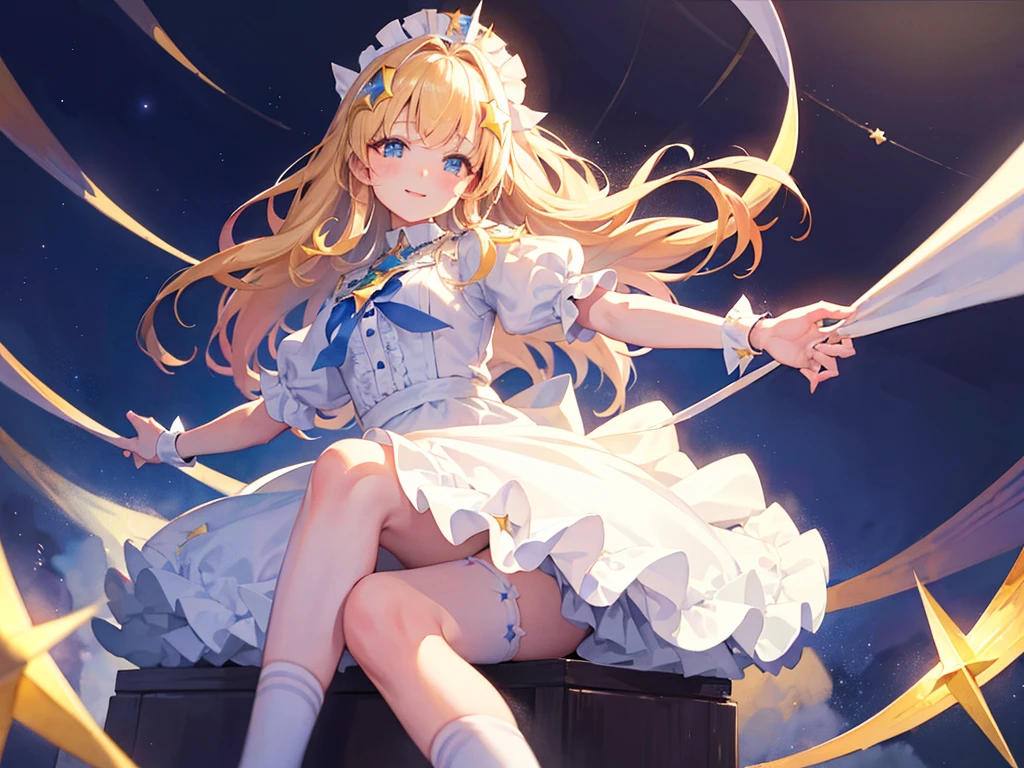 photo realistic, (masterpiece,best quality:1.4),(8k,raw photo,photo realistic:1.2), detailed skin, detailed face,1girl,Japanese idol,cute face, , Not Safe for Work, (overhead view:1.3), 
length hair, blue eyes, blonde hair, light smile, ((shiny wavy hair)), diadems, (((sit on a crescent moon model))), ((outstretched hand)),doress, gothic dresses, shairband, shortsleeves, the bow hair, ((blue shairband)), a smile, red blush, light Blue Doress, Alice (Alice in Wonderland), White frilled legwear, ((Blue the Bow)), Puffy Sleeves, Bangss, Apron Dress, shortsleeves, ((Blue bow ribbon)), absurdly long hair, frilld, white gothic dresses,: q, masterpiece, top-quality, not safe for work, , , 14-yo, braided bangs, mary janes, (FULL Body), (((from below))),(Garter ring that looks like frilly panties), flat chest, 
yumekawa,yumekawaii,pastel color, (((star background:1.5))), imagination,light particle effect, aerial effect, perfect hand's, perfect fingers, (dreamy ambiance:1.4), [:(light gradation watercolor:1.5):8], (soft focus:1.1), (stars:1.5),