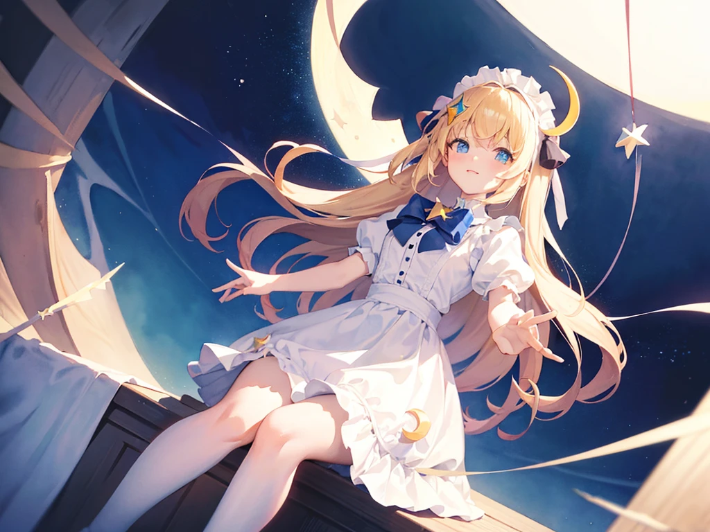 photo realistic, (masterpiece,best quality:1.4),(8k,raw photo,photo realistic:1.2), detailed skin, detailed face,1girl,Japanese idol,cute face, , Not Safe for Work, (overhead view:1.3), 
length hair, blue eyes, blonde hair, light smile, ((shiny wavy hair)), diadems, (((sit on a crescent moon model))), ((outstretched hand)),doress, gothic dresses, shairband, shortsleeves, the bow hair, ((blue shairband)), a smile, red blush, light Blue Doress, Alice (Alice in Wonderland), White frilled legwear, ((Blue the Bow)), Puffy Sleeves, Bangss, Apron Dress, shortsleeves, ((Blue bow ribbon)), absurdly long hair, frilld, white gothic dresses,: q, masterpiece, top-quality, not safe for work, , , 14-yo, braided bangs, mary janes, (FULL Body), (((from below))),(Garter ring that looks like frilly panties), flat chest, 
yumekawa,yumekawaii,pastel color, (((star background:1.5))), imagination,light particle effect, aerial effect, perfect hand's, perfect fingers, (dreamy ambiance:1.4), [:(light gradation watercolor:1.5):8], (soft focus:1.1), (stars:1.5),