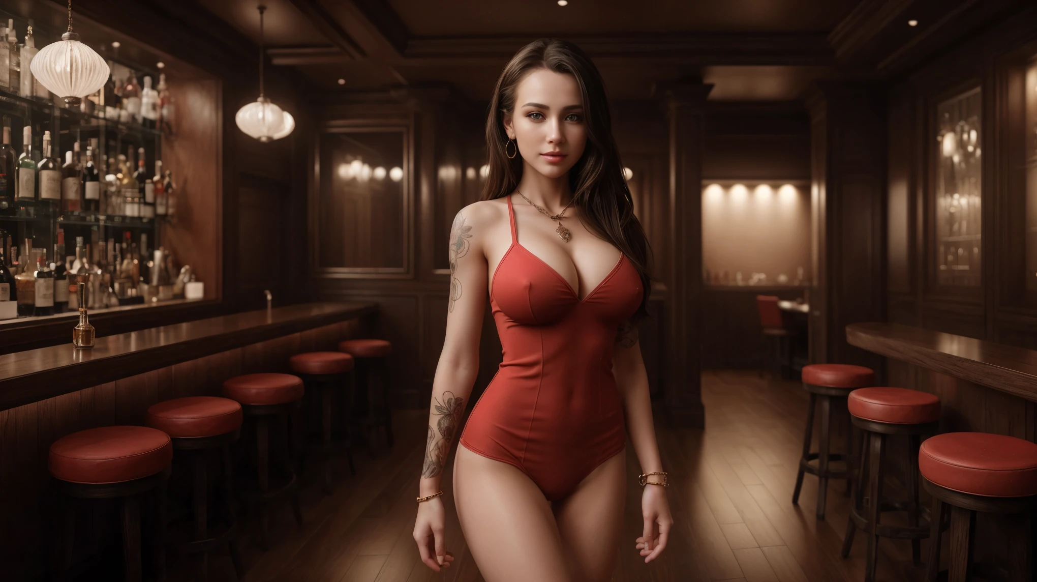 8k, masterpiece, RAW photo, best quality, photorealistic, extremely detailed CG unity 8k wallpaper, Depth of field, Cinematic Light, Lens Flare, Ray tracing, (extremely beautiful face, beautiful lips, beautiful eyes), intricate detail face, ((ultra detailed skin)), ((1girl:1.9)), ((alone:1.9)), ((seductively standing)), at night inside a bar, deep shadow, [[Raiana-Elizabeth-Dilla]], pretty girl, (very slim slender fit-muscled body:1.3), ((beautiful legs:1.4)), ((looking at viewer)),(big smile:1), (sexy ((see-through)) ((ultra-short ((red:1.2)) business-style uniform))), ((trendy bar scene, upscale ambiance, captivating atmosphere, cool vibes)), (classic whiskey glass and bottles, top shelf liquors, vibrant atmosphere, modern-futuristic decor, chic bar stools, crafted with precision, delectable bar snacks), (blurred background:1.4), beautiful earrings, bracelets, necklace, red pendant, clear eyes, ((tattoos)), (pale skin), (face forward), ((whole-body-view)), ((full-body:1.8, cinematic shot)), soft lighting, (long black hairs), (looking at viewer:1.8), cleavage breasts, (large breasts:1.4), touching the breast, highly detailed, ultra realistic, extremely detailed and realistic ((red:1.2)) clothes.
