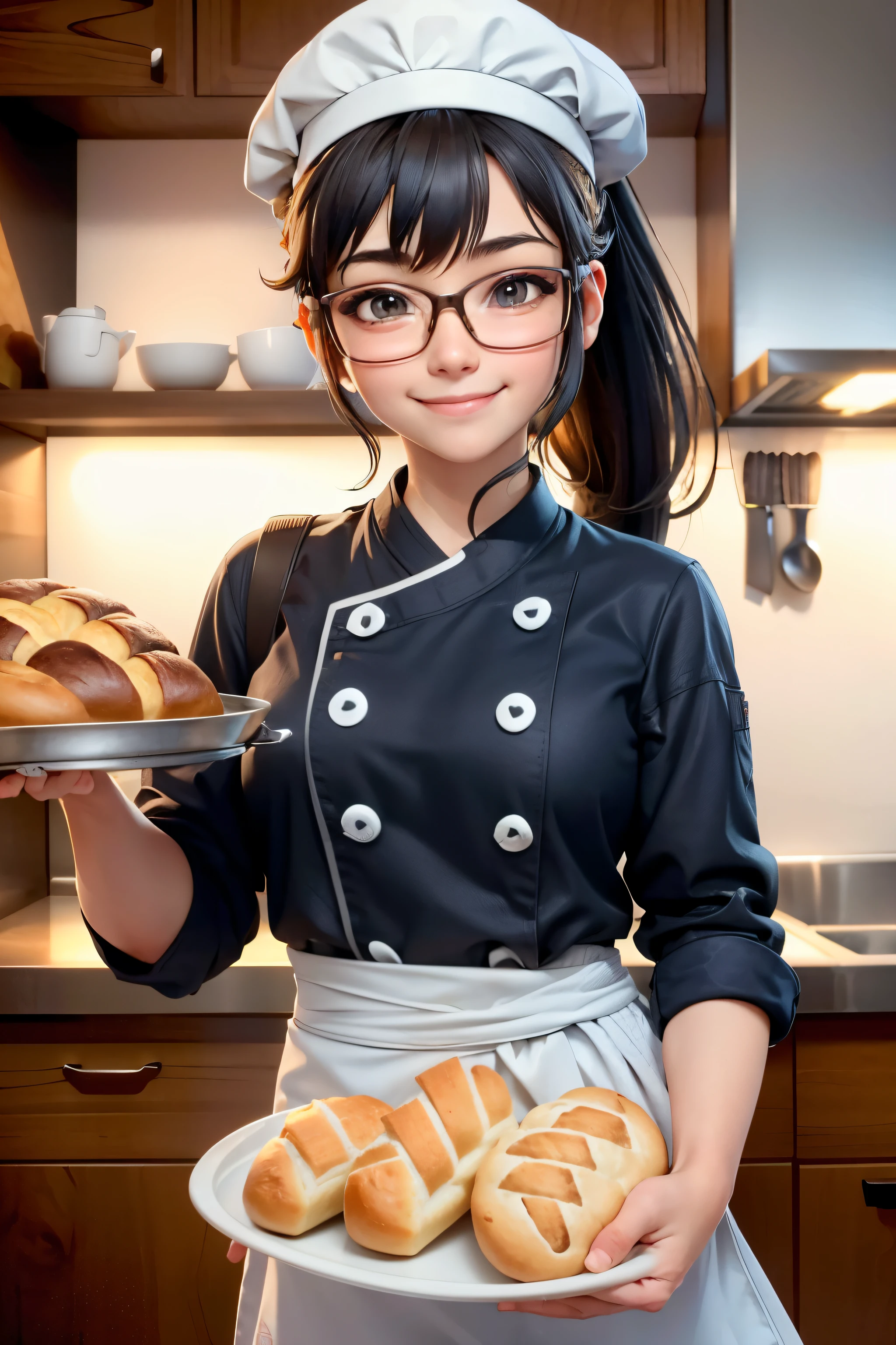 young girl, Ponytail, facial hair, wear glasses, smile brightly, Bread of happiness, Put the bread pan in the oven.., Various types of bread on trays, Fragrant and delicious, (Enter the cute chef's kitchen.. (Enter the chef.'hat)), in the kitchen, anime, High quality