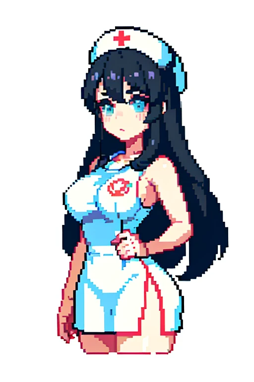 (masterpiece, highest quality, highest quality), pixel,pixel art,1 girl,icon，magic少女，Pixel art，sexy，magic，Completely naked，Upper body，cute，nipples are visible，Breast and nipples exposed，game，Nes，gameキャラクター，Wearing a nurse's cap，long hair，cute，pixelアート，Street Fighter，black hair
 