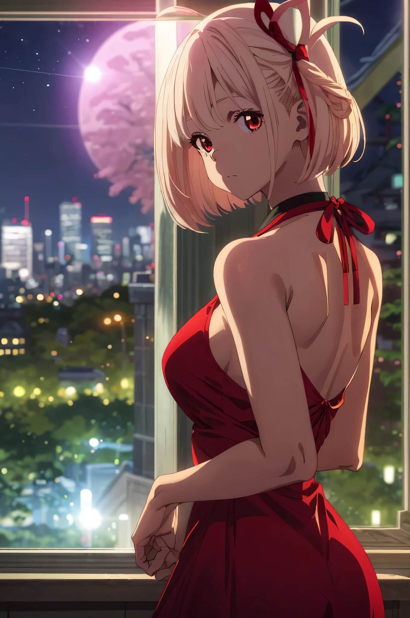 best image quality、最high quality、high quality、City of night、night view、city、city of tokyo、girl,red dress、Dress with open chest、backless dress、raise your arms、big breasts、big 、魅力的なvalley、valley、side ide view、see up、up close view、sitting、Upper body、Upper bodyfoucus,Moon glare, Bokeh, written boundary depth, blurred background, Senzoku Nishikigi、Blonde short bob、good、goodヘア、Braiding hair、red eyes、red ribbon、city内、city、city of tokyo
