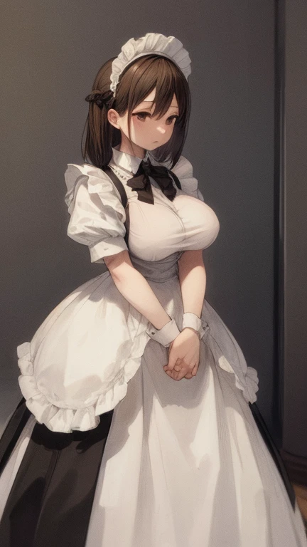 (supreme、top-quality、Final Resolution:1.3)、in 8K、((kawaii))、(((maid clothes)))、Exposed skin a lot、small and hard nipples、(((Colossal tits)))、(((no-bra)))、(((Panties)))、a miniskirt、touch the skirt with both hands、Lift the skirt with both hands、raise the corner of the skirt、((exposed))、独奏、1 girl in、flaxen hair、Long