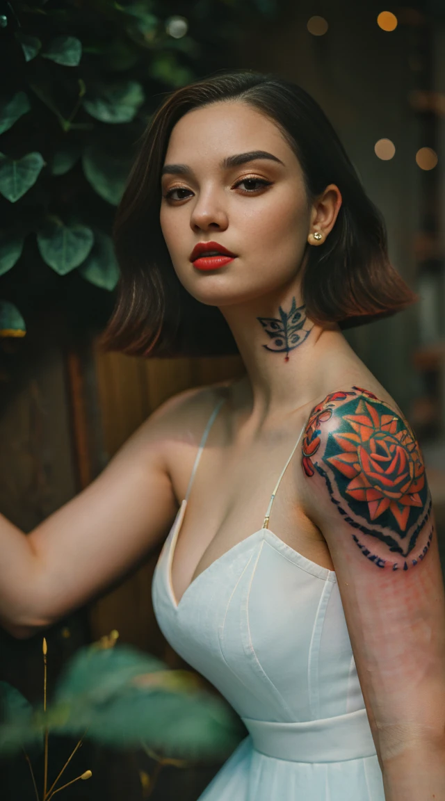 27 years old, gorgeous cute Russian girl, smirk, freckles, 1girl, cowboy shot of beautiful ada, looking at viewer, red dress, black hair, blush, short hair, athletic night, volumetric lighting, White batik dress with black layers , best quality, masterpiece, intricate details, tonemapping, sharp focus, hyper detailed, trending on Artstation, ada, realistic armpits sweaty and hairy a lot, good young girl, (masterpiece:1.0),(best_quality:1.0), ultra high res,4K,ultra-detailed, photography, 8K, HDR, highres, absurdres:1.2, Kodak portra 400, blurry background, bokeh, lens flare, (vibrant_color:1.2),professional photograph,(the_tattoo:1.5),(Beautiful,large_Breasts), (beautiful_face:1.5),(narrow_waist).
