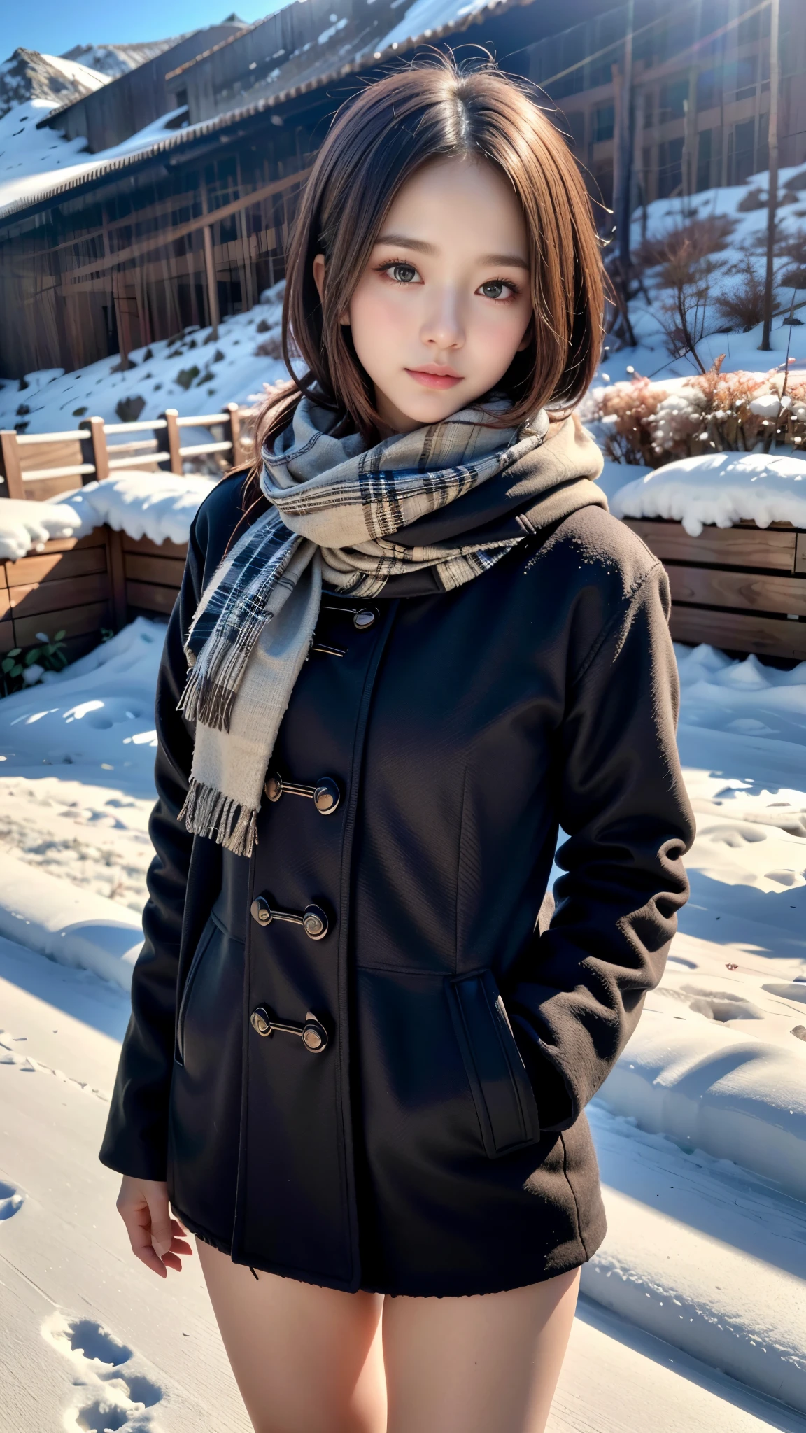 (Close up portrait of one girl with coat with scarf in winter uniform:1.5), (8k, RAW photo, best quality, masterpiece), (realistic, photo-realistic), ultra-detailed, high quality, professional lighting, physically-based rendering photo of 18 years woman, (1girl:1.3), (Japanese idol:1.3), (kawaii:1.3), (cute face:1.3), (floral print micro-bikini), (short hair, dark brown hair), (high detailed skin:1.2), (ultra delicate face, ultra Beautiful fece, ultra delicate black eyes, ultra detailed nose, ultra detailed mouth), (Walking along a mountain trail), full body shot, sharp focus