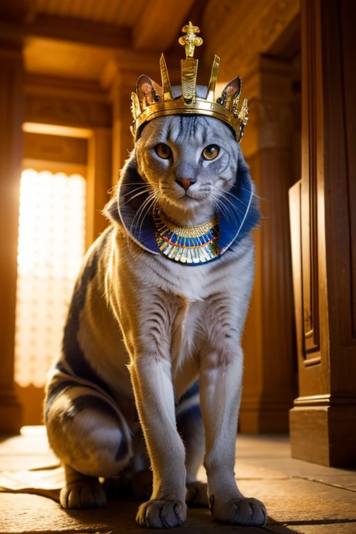 realistic image; Animale chat sphynx; with an ancient Egyptian crown; Dans un temple pharaon; natural light;