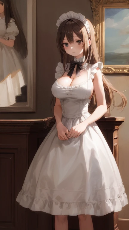 (masterpiece, highest quality), whole body, 1 female, alone, maid dress, Classic Maid，Standing picture，whole body，long，long hair，big breasts，Pause