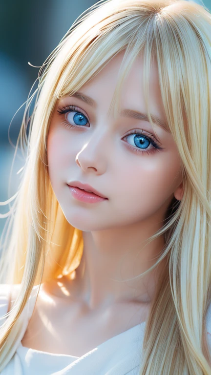highest quality、masterpiece、ultra high resolution、(photorealistic:1.4)、1 girl、shoulder、Charm、look at the camera、A very beautiful girl with very long blonde hair、Very beautiful bright and shining light blue big eyes、very big eyes、small face beautiful girl、Bright, young and beautiful skin as white as snow、cheek gloss highlight、long bangs between the eyes,