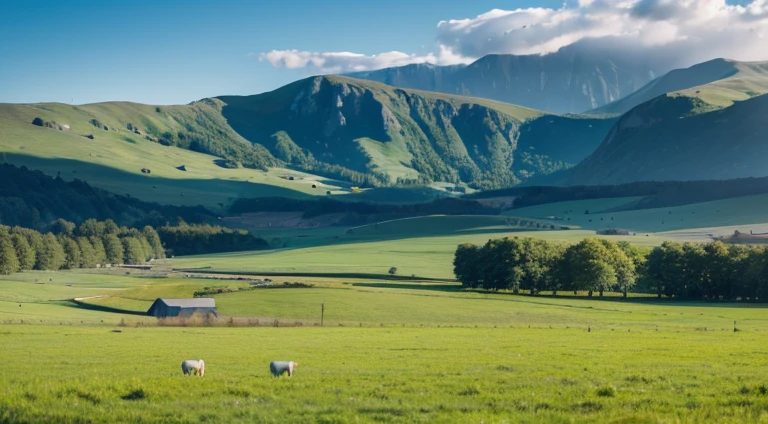 grasslands,Farms,Small mountains,
Blue Sky,Fresh Landscape
,Peaceful and calm,A wide field of view, Northern Europe
