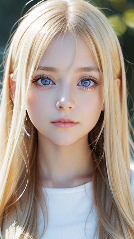 highest quality、masterpiece、ultra high resolution、(photorealistic:1.4)、1 girl、shoulder、Charm、look at the camera、A very beautiful girl with very long blonde hair、Very beautiful bright and shining light blue big eyes、very big eyes、small face beautiful girl、Bright, young and beautiful skin as white as snow、cheek gloss highlight、long bangs between the eyes,