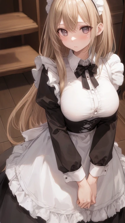 ((highest quality、High resolution、8K、masterpiece:1.3))、dynamic angle、wallpaper、1 girl、unparalleled beauty、ultimate beauty、super detailed face、delicate eyes、smile shyly、sexy look、looking at the camera、Depth of bounds written、light particles、side light、long hair、blonde、maid、宝石で装飾されたmaid服、(Lifting the skirt with both hands)、((Her skirt is flipped up and her pussy is exposed.、She shyly lifts up her skirt and shows her pussy.))、(Love juice dripping from the pussy)、Open chest、big breasts、cleavage、Thighhighs、thighs、slim、slender、Old castle at night