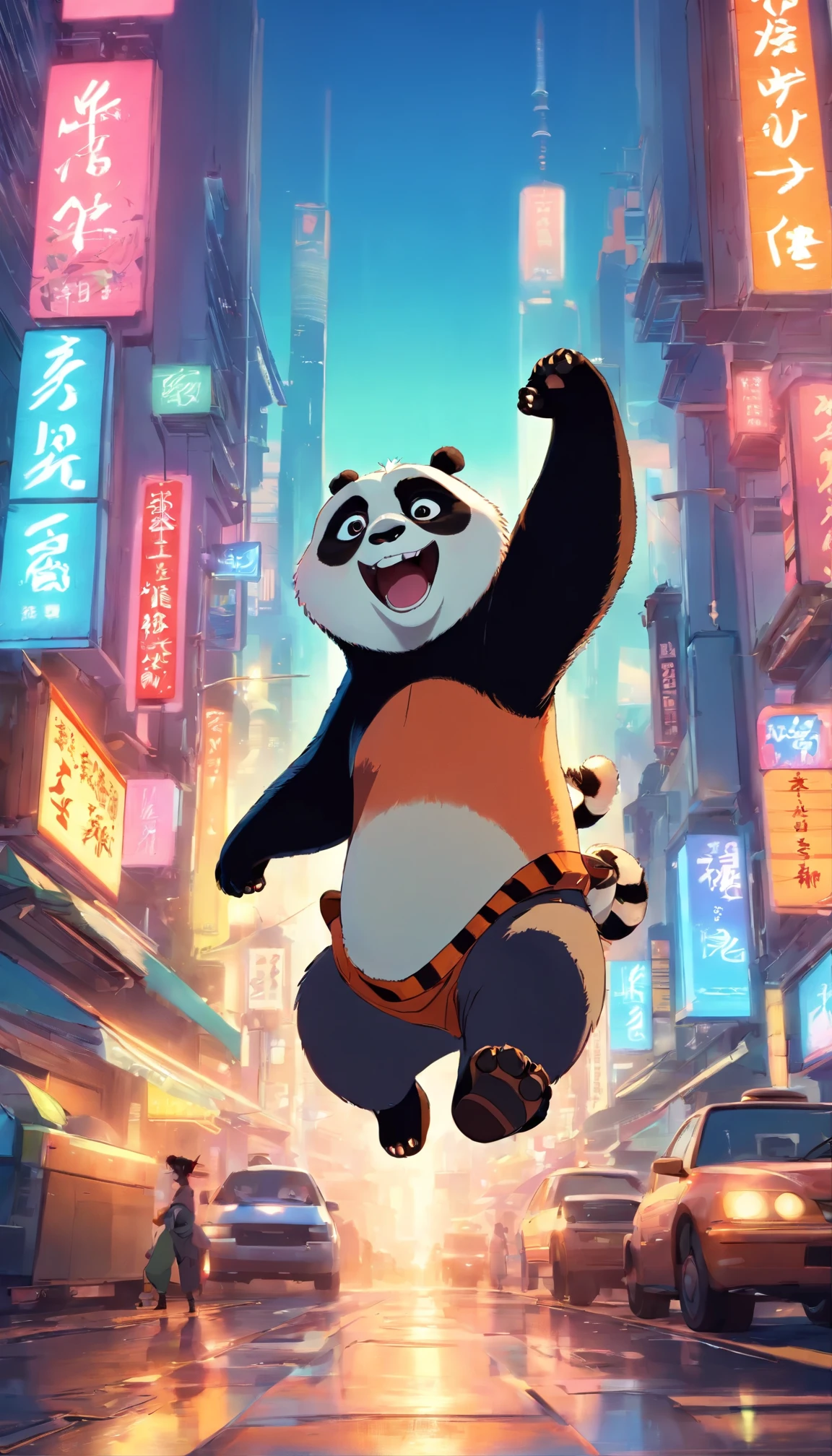 Kung fu panda laughing ,cyberpunk city ,8k