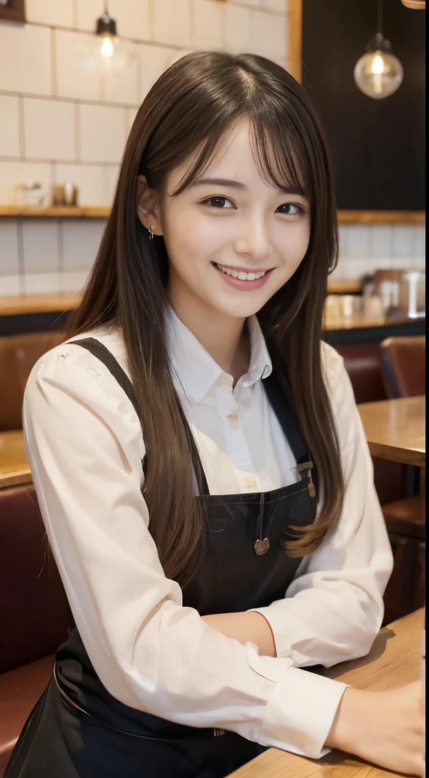 (Female clerk in café:1.4),Beautiful 19 year old woman,natural smile,medium bust、