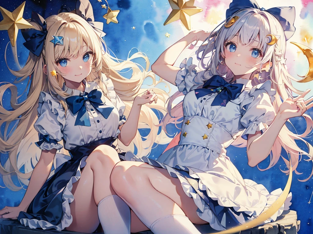 photo realistic, (masterpiece,best quality:1.4),(8k,raw photo,photo realistic:1.2), detailed skin, detailed face,1girl,Japanese idol,cute face, , Not Safe for Work, (overhead view:1.3), 
length hair, blue eyes, blonde hair, light smile, ((shiny wavy hair)), diadems, (((sit on a crescent moon model))), ((outstretched hand)),doress, gothic dresses, shairband, shortsleeves, the bow hair, ((blue shairband)), a smile, red blush, light Blue Doress, Alice (Alice in Wonderland), White frilled legwear, ((Blue the Bow)), Puffy Sleeves, Bangss, Apron Dress, shortsleeves, ((Blue bow ribbon)), absurdly long hair, frilld, white gothic dresses,: q, masterpiece, top-quality, not safe for work, , , -yo, braided bangs, mary janes, (FULL Body), (((from below))),(Garter ring that looks like frilly panties), flat chest, 
yumekawa,yumekawaii,pastel color, (((star background:1.5))), imagination,light particle effect, aerial effect, perfect hand's, perfect fingers, (dreamy ambiance:1.4), [:(light gradation watercolor:1.5):8], (soft focus:1.1), (stars:1.5),A large crescent-shaped chair:1.8,